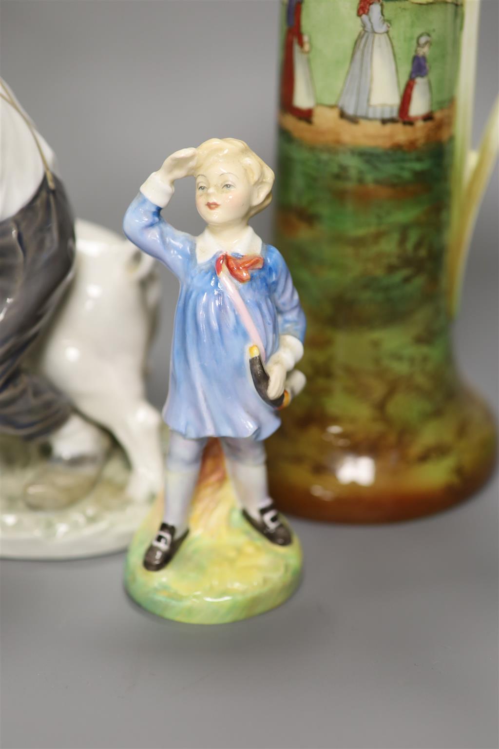 A pair of Royal Doulton Seriesware jugs, a Doulton figure, Little Boy Blue and Worcester figure, Joan and Royal Copenhagen figure of fa